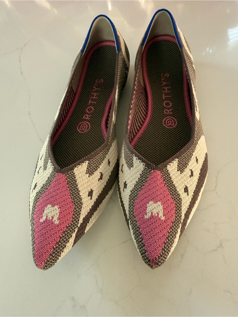 Rothy's Pointed Knit Flats in Pink, Gray & Cream